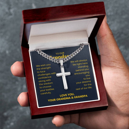 To Our Grandson - Grandson Gift from Grandma and Grandpa - Artisan Cross with Cuban Link Chain