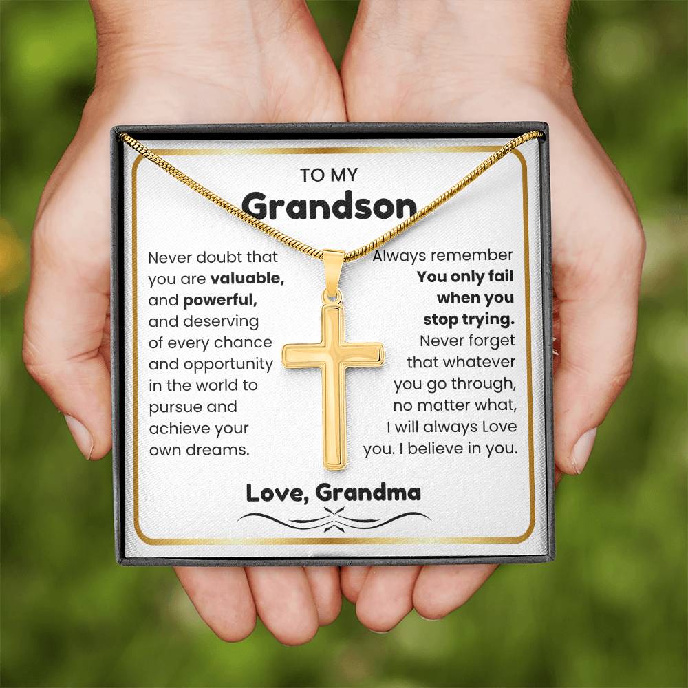 To My Grandson - I believe in you - Grandson Gift from Grandma - Artisan Cross Necklace