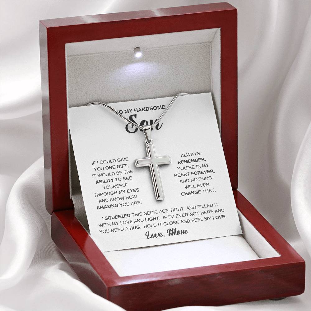 To My Handsome Son - Gift for Son from Mom - You're in my hear forever - Artisan Cross Necklace