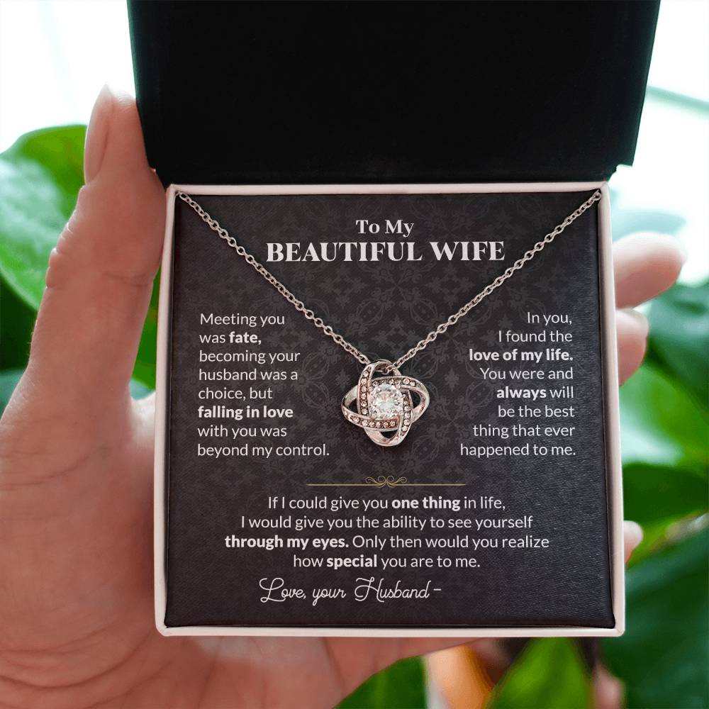 To My Beautiful Wife Necklace - Special Love Jewelry for Wife from Husband for Birthday, Anniversary & Valentine’s Day - Love Knot Necklace