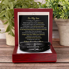 Stylish Men’s Cross Bracelet, Leather Jewelry Gift for Son, Faith & Strength, To My Dear Son