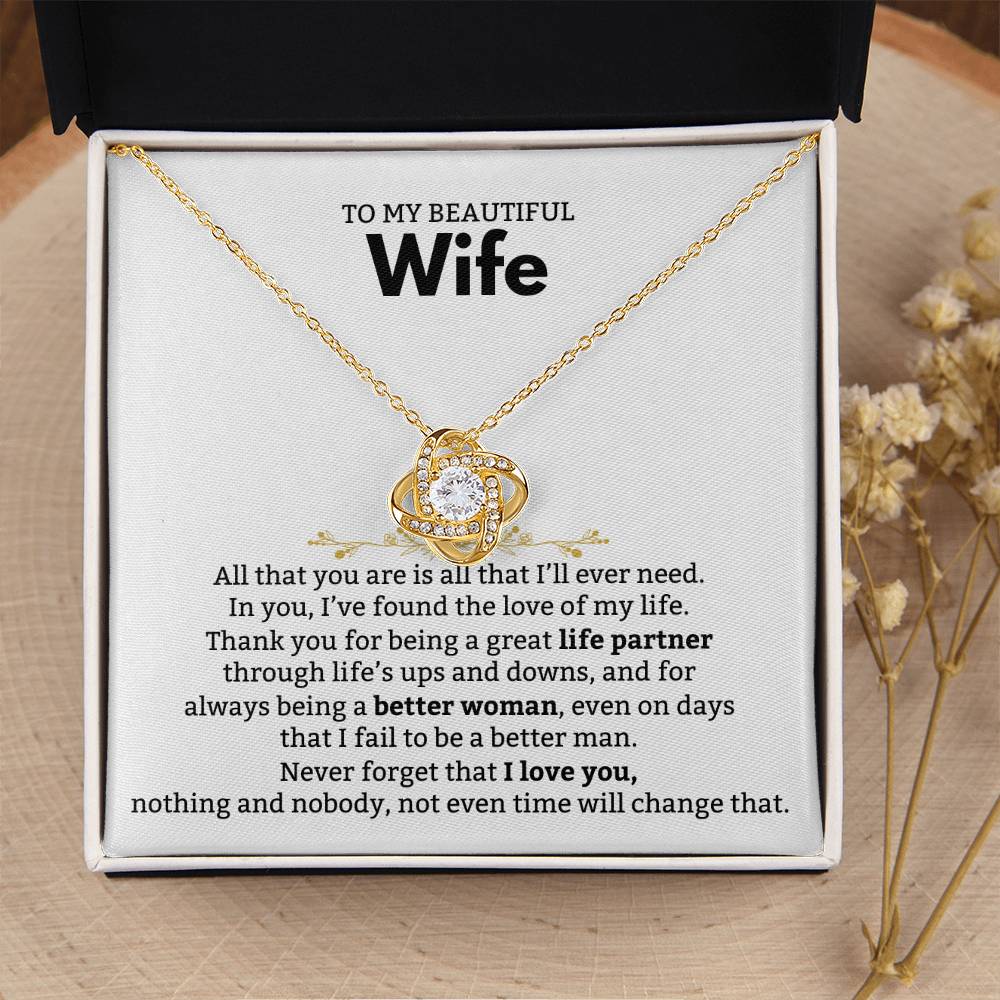 To My Beautiful Wife Necklace - Romantic Birthday Jewelry Gift from Husband for Valentine’s Day & Long Lasting Memories - Love Knot Necklace