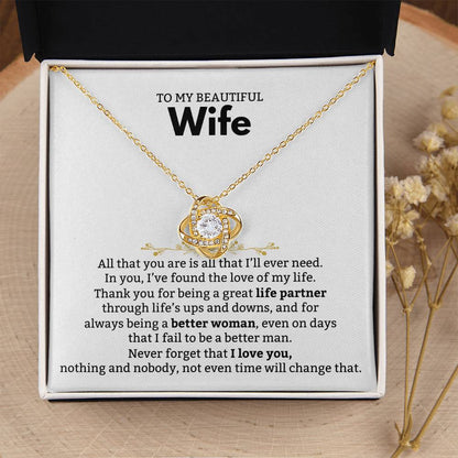 To My Beautiful Wife Necklace - Romantic Birthday Jewelry Gift from Husband for Valentine’s Day & Long Lasting Memories - Love Knot Necklace