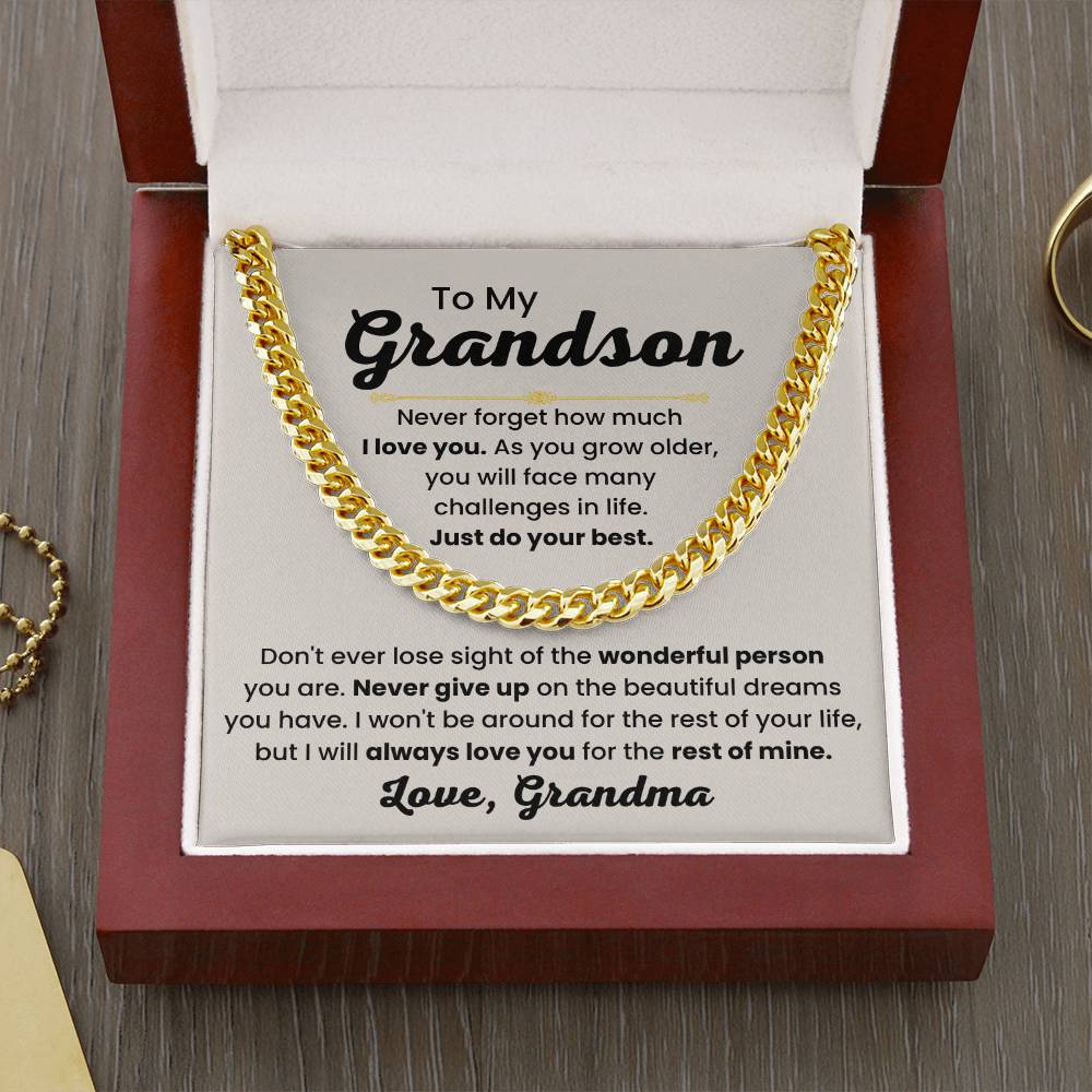Grandson Necklace Gift from Grandma, Birthday, Graduation & Christmas Jewelry - Cuban Link Chain