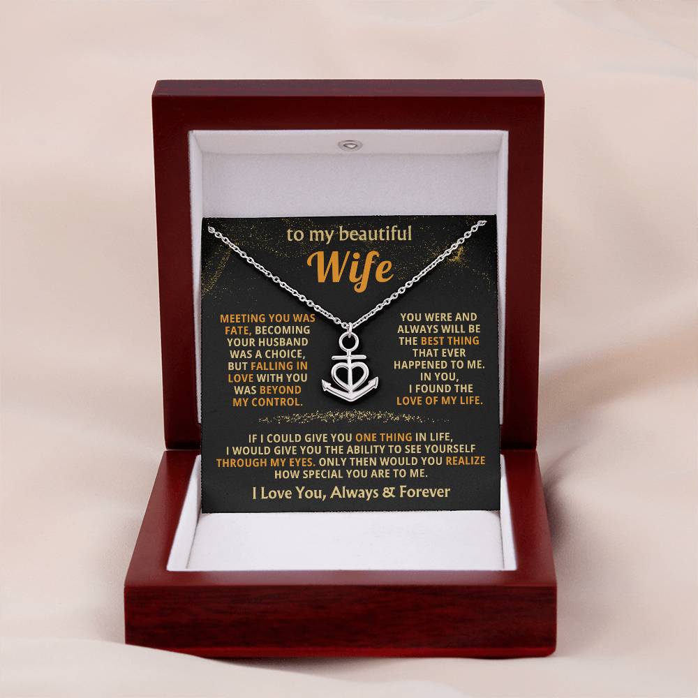 To My Beautiful Wife Necklace - Best Surprise Gift for Wife from Husband for Anniversary, Christmas & Valentine’s Day - Anchor Pendant Necklace