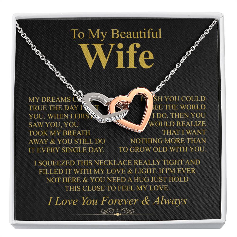 To My Beautiful Wife Necklace - Perfect Romantic Surprise from Husband for Anniversary, Birthday & Valentine’s Day - Interlocking Hearts Necklace