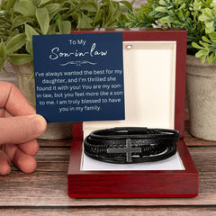 Christian Son-in-Law Gift, Black Leather Cross Bracelet with Message Card, Gifts For Son-in-Law, To My Son-in-Law
