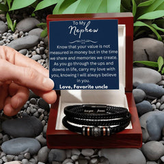 Special Nephew Gift, Black Leather Bracelet with Inspirational Message, To my nephew