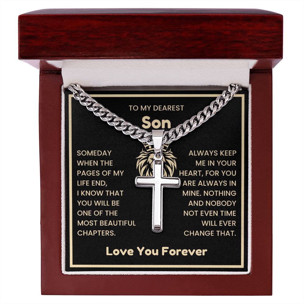 To My Dearest Son Necklace - Gift for Son - Always keep me in your heart - Artisan Cross with Cuban Link Chain