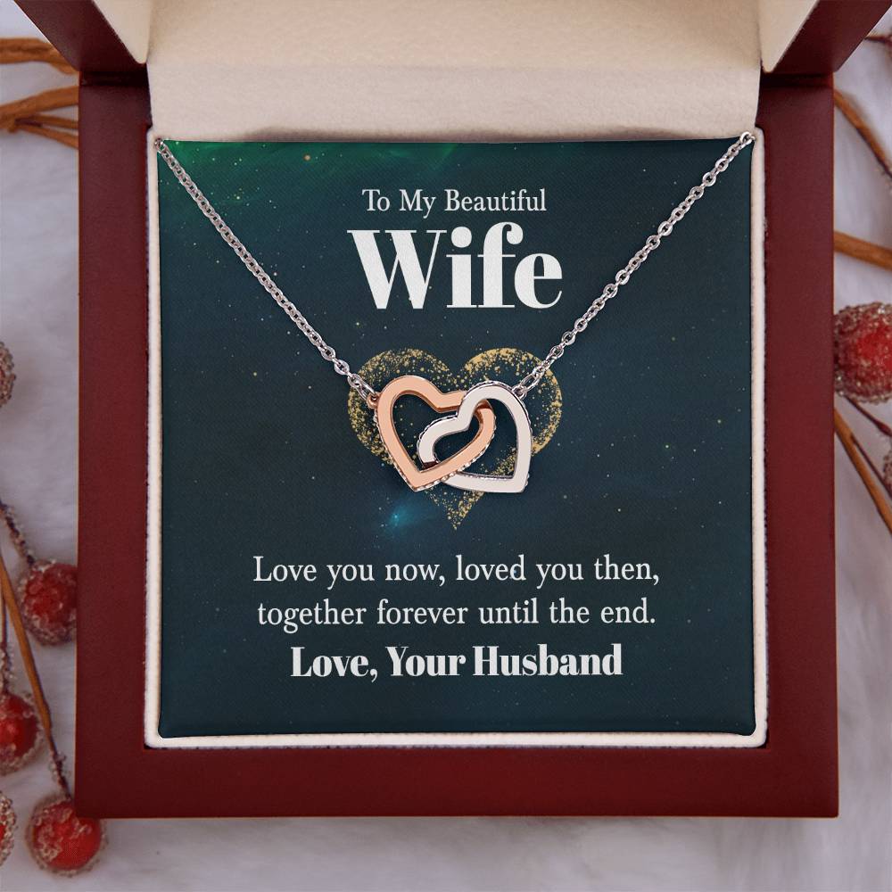 To My Beautiful Wife Necklace - Emotional Love Jewelry Gift from Husband for Valentine’s Day & Birthday Happiness - Interlocking Hearts Necklace