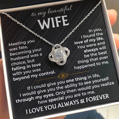 To My Beautiful Wife Necklace - Romantic Everyday Jewelry Gift from Husband for Birthday, Valentine’s Day & Just Because - Love Knot Necklace