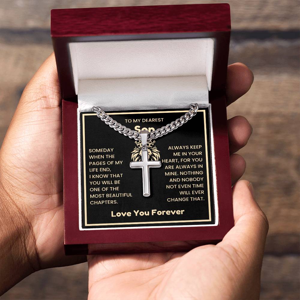 To My Dearest Son Necklace - Gift for Son - Always keep me in your heart - Artisan Cross with Cuban Link Chain