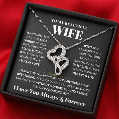 To My Beautiful Wife Necklace - Romantic Keepsake Jewelry Gift from Husband for Special Days & Valentine’s Love - Heart-to-heart Pendant Necklace