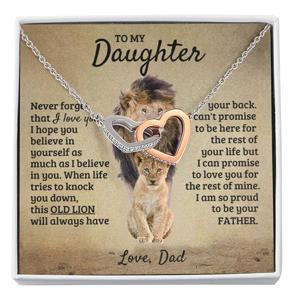 To My Daughter Necklace - Birthday Jewelry Gift from Dad - Old Lion - Interlocking Hearts Necklace