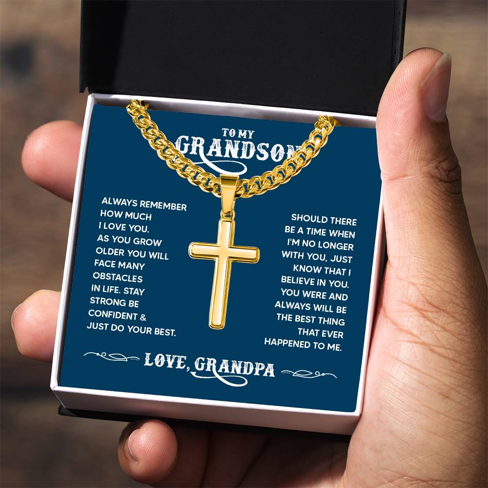 To My Grandson - Always remember how much I love you Artisan Cross with Cuban Link Chain