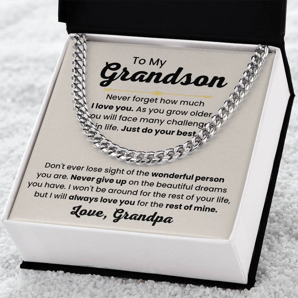 Grandson Necklace Gift from Grandpa, Birthday, Graduation & Christmas Jewelry - Cuban Link Chain