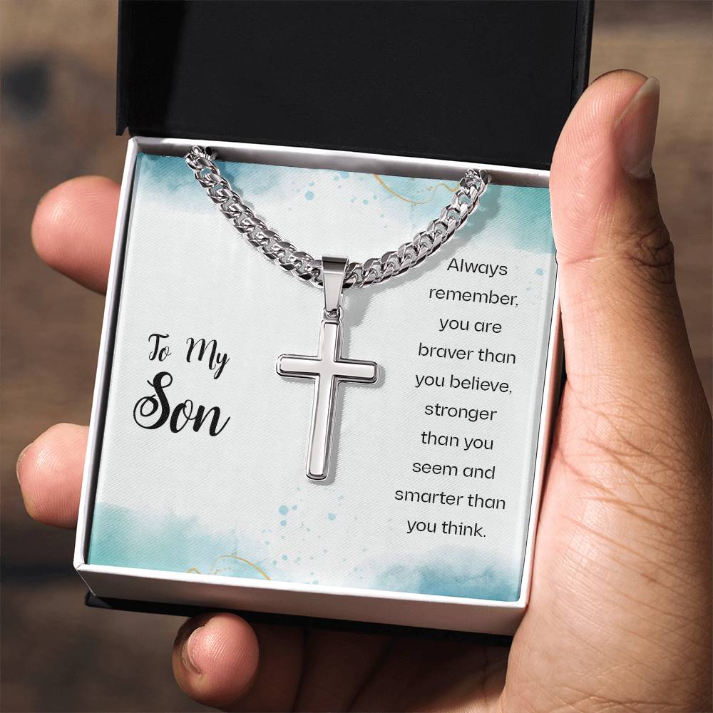 To My Son Necklace - Always Remember - Artisan Cross with Cuban Link Chain