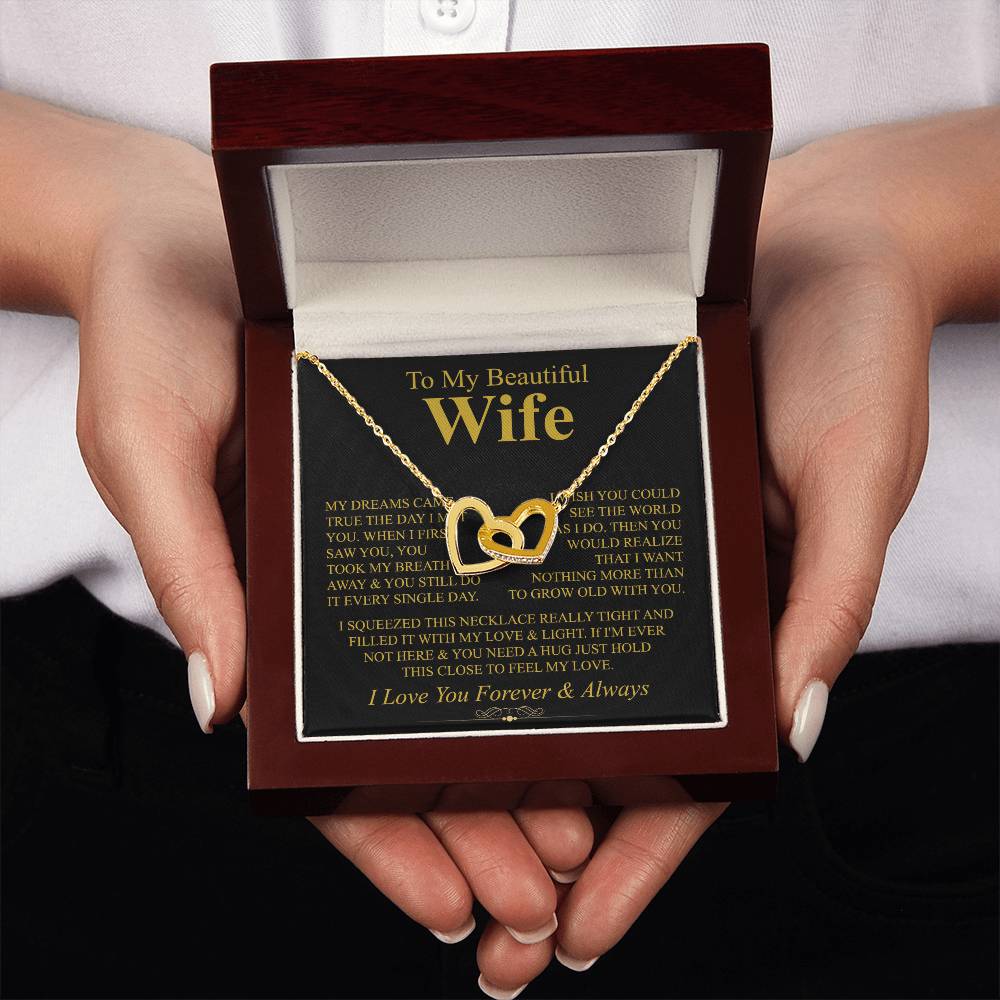 To My Beautiful Wife Necklace - Perfect Romantic Surprise from Husband for Anniversary, Birthday & Valentine’s Day - Interlocking Hearts Necklace