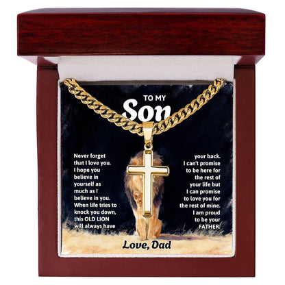 To My Son Necklace - Gift for Son from Dad - Never forget that I love you - Artisan Cross with Cuban Link Chain