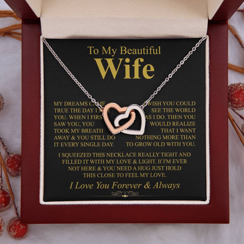 To My Beautiful Wife Necklace - Perfect Romantic Surprise from Husband for Anniversary, Birthday & Valentine’s Day - Interlocking Hearts Necklace