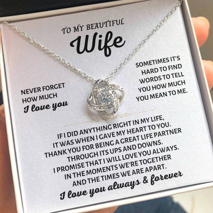 To My Beautiful Wife Necklace - Sweet Emotional Gift for Wife from Husband on Birthday, Anniversary & Valentine’s Day - Love Knot Necklace