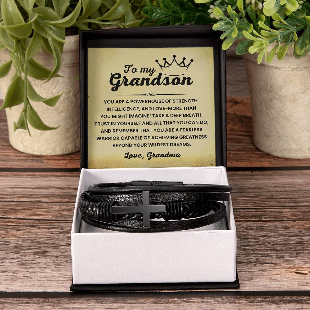 To My Grandson – Graduation, Holiday Gift from Grandma – Men's Cross Bracelet