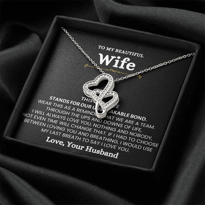 To My Beautiful Wife Necklace - Sweet Emotional Gift for Wife from Husband on Birthday, Anniversary & Valentine’s Day - Heart-to-heart Pendant Necklace