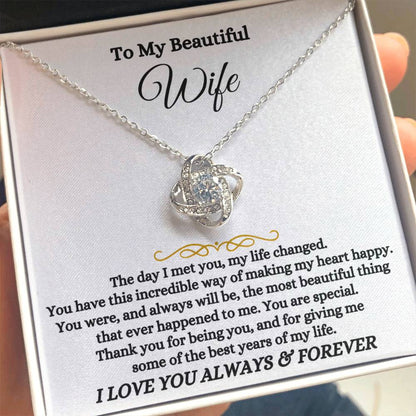 To My Beautiful Wife Necklace - Beautiful Wife Jewelry Gift for Birthday, Valentine’s Day & Special Romantic Moments - Love Knot Necklace