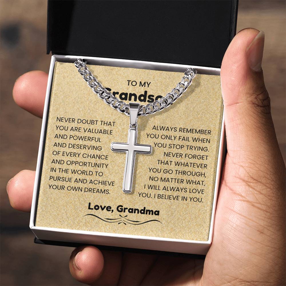 To My Grandson - Gift for Grandson from Grandma - I will always love you - Artisan Cross with Cuban Link Chain