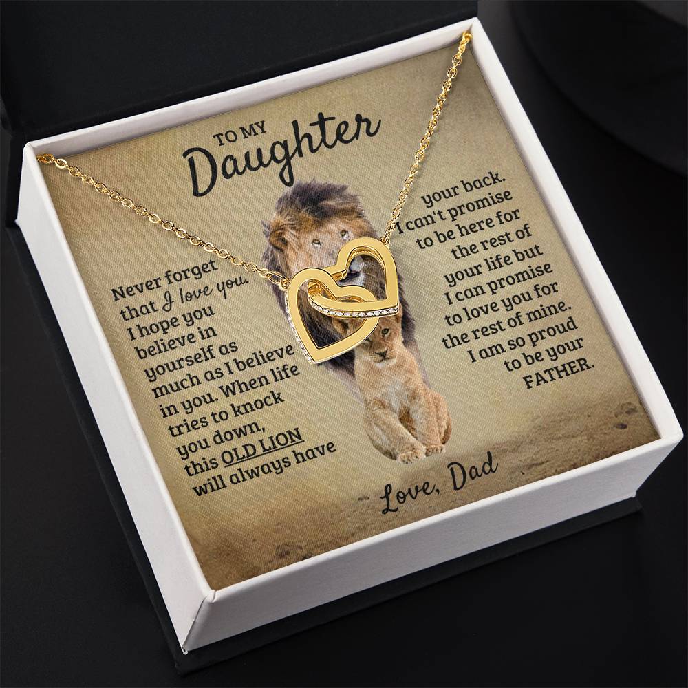 To My Daughter Necklace - Birthday Jewelry Gift from Dad - Old Lion - Interlocking Hearts Necklace