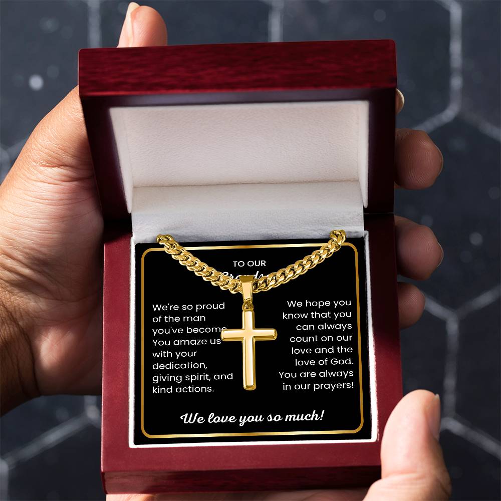 To Our Grandson - We love you so much - Gift for Grandson from Grandparents - Artisan Cross with Cuban Link Chain