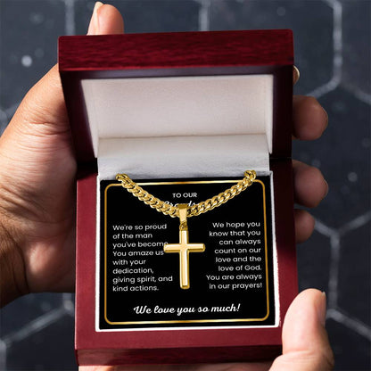 To Our Grandson - We love you so much - Gift for Grandson from Grandparents - Artisan Cross with Cuban Link Chain