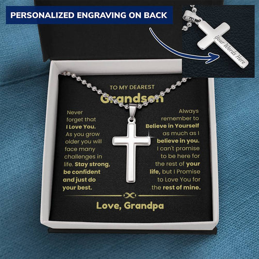 Sentimental Grandson Gift from Grandpa - Engraved Cross Necklace