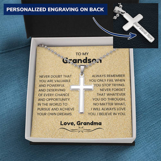 Engraved Cross Necklace for Beloved Grandson