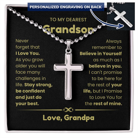 Sentimental Grandson Gift from Grandpa - Engraved Cross Necklace