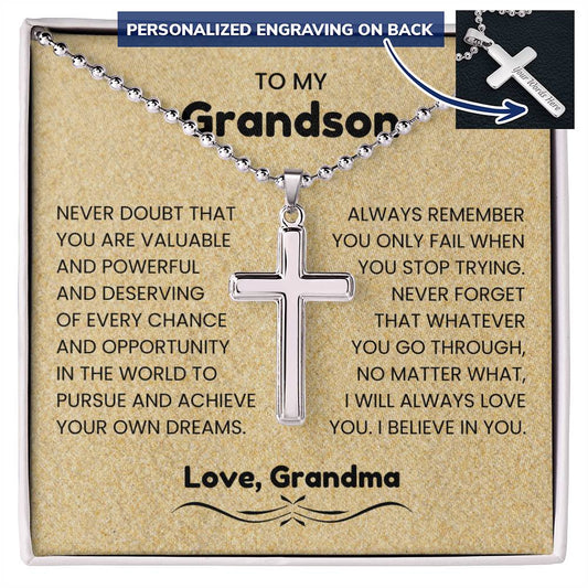 Engraved Cross Necklace for Beloved Grandson
