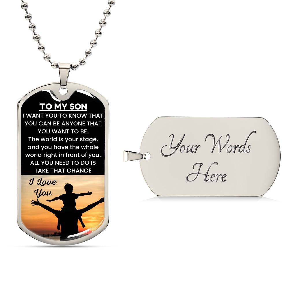 Engraved dog tag necklace for son's graduation