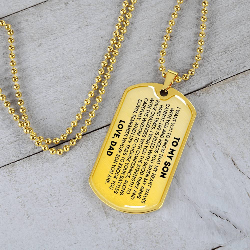 Son Dog Tag Necklace from Dad with 18k gold finish