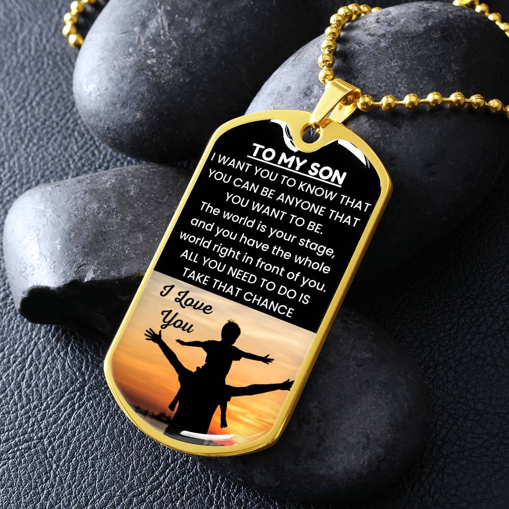 Personalized dog tag necklace for son with gold finish