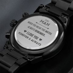 Engraved Black Chronograph Watch, Stylish Gift for Him, Modern Timepiece, Anniversary Present, Elegant Keepsake, To My Man
