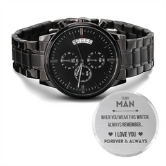 Engraved Black Chronograph Watch, Stylish Gift for Him, Modern Timepiece, Anniversary Present, Elegant Keepsake, To My Man
