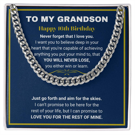 Grandson 16th Birthday Cuban Link Chain in Stainless Steel and 14k Gold