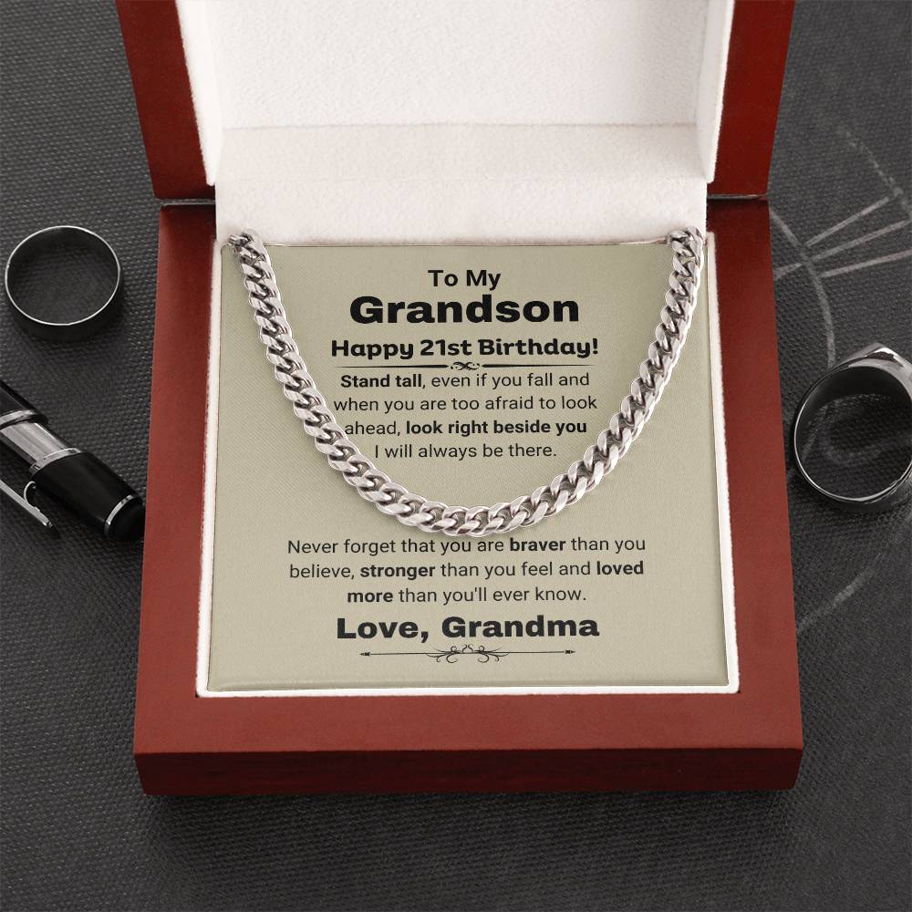 21st Birthday Gift for Grandson from Grandma - You Are Braver Than You Believe - Cuban Link Chain