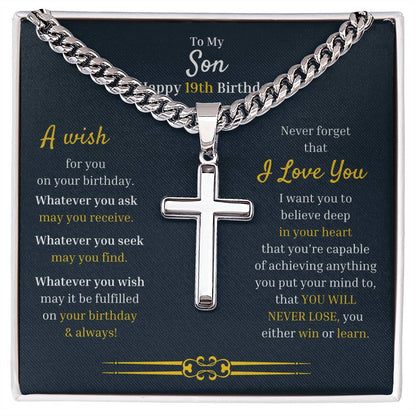 To My Son | Happy 19th Birthday Gift For Him From Mom/Dad | Cuban Chain with Artisan Cross Necklace