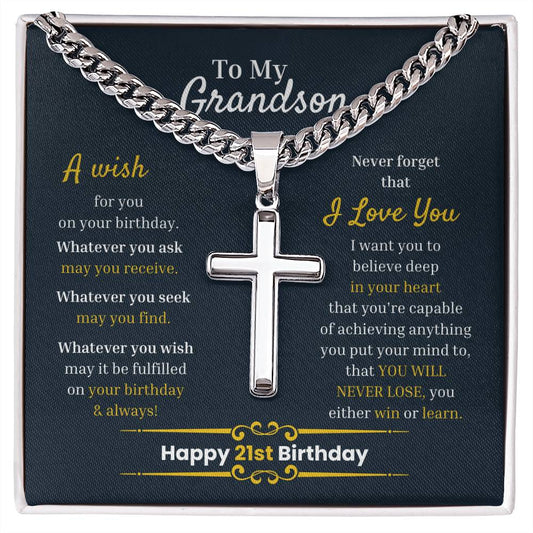 Personalized Grandson 21st Birthday Present Engraved Cuban Chain Necklace