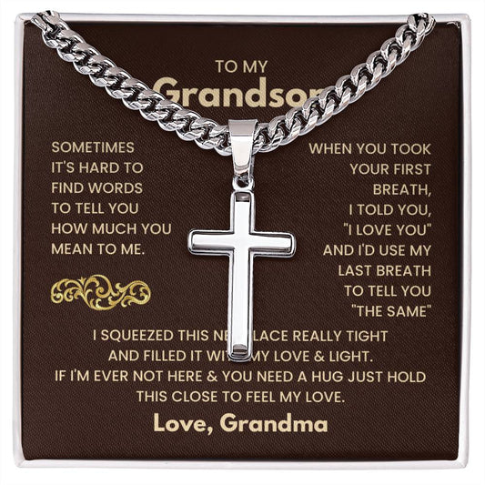 Engraved Gift For Grandson From Grandmother, Last Breath - Personalized Cross Necklace on Cuban Chain