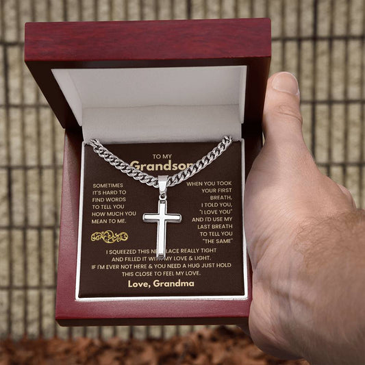 Engraved Gift For Grandson From Grandmother, Last Breath - Personalized Cross Necklace on Cuban Chain