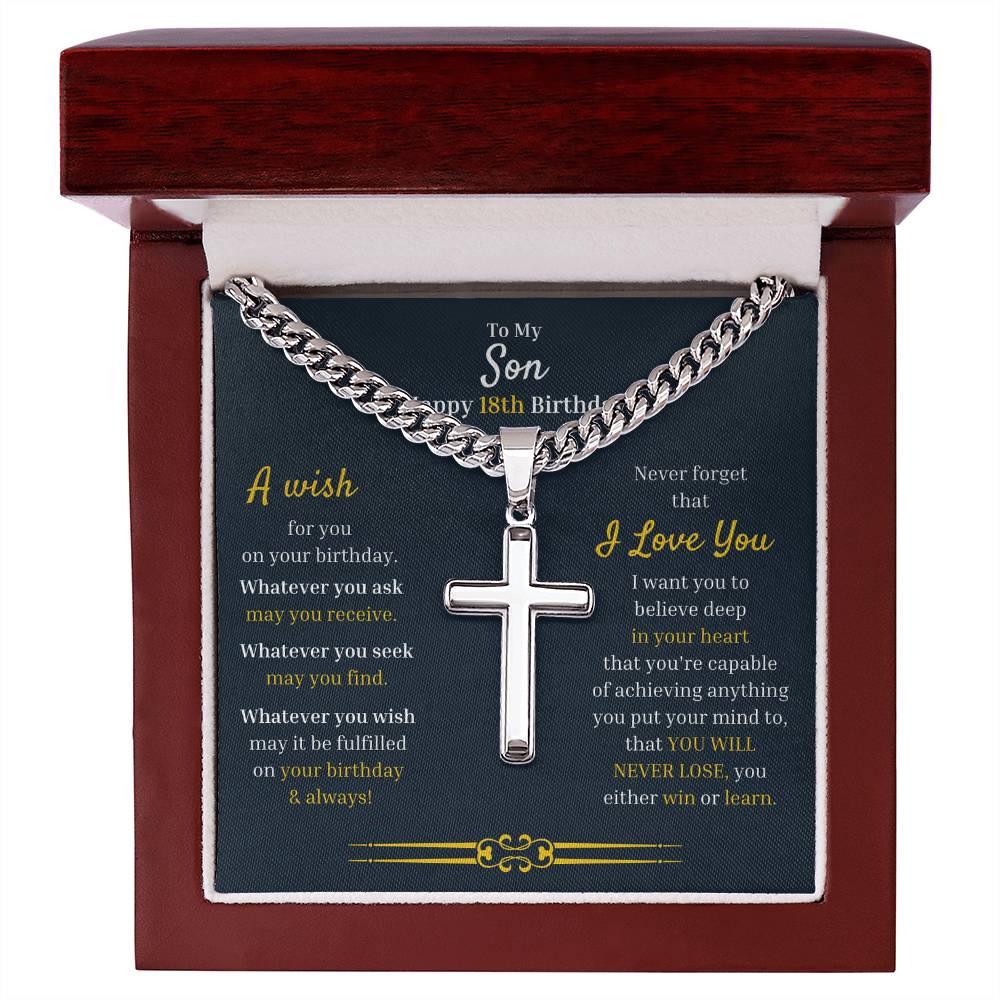 To My Son | Happy 18th Birthday Gift For Him From Mom/Dad | Cuban Chain with Artisan Cross Necklace