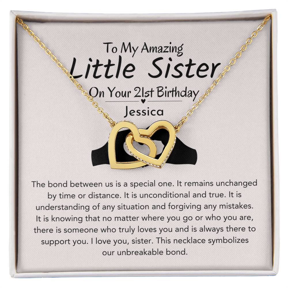 Personalized 21st Birthday Gift For Little Sister | Unbreakable Bond Interlocking Hearts Necklace