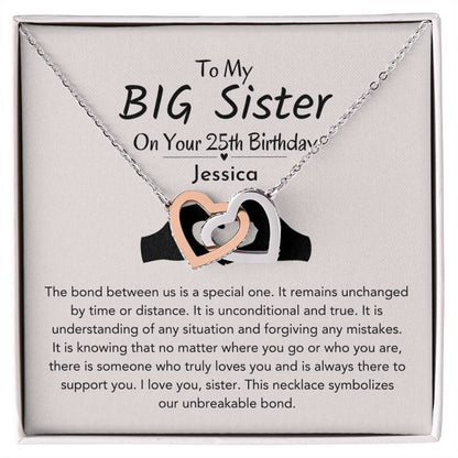 Personalized 25th Birthday Gift For Big Sister | Unbreakable Bond Interlocking Hearts Necklace